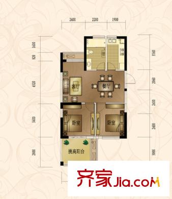 諾德上湖城高層H3戶型 2室2廳1衛(wèi)1廚