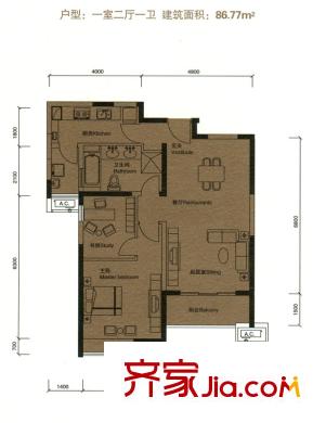天鴻天際A2戶型 1室2廳1衛(wèi)1廚