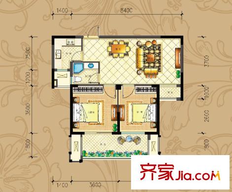 公園一號(hào)凱旋宮A6戶型 2室1廳1衛(wèi)1廚