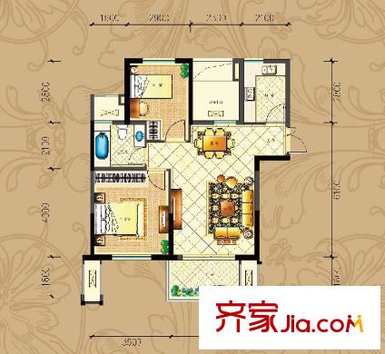 公園一號(hào)凱旋宮A8戶型 2室2廳1衛(wèi)1廚