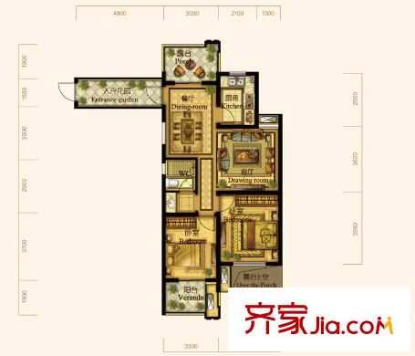 翰林世家高層1號樓D3戶型奇數(shù)層 2室2廳1衛(wèi)1廚