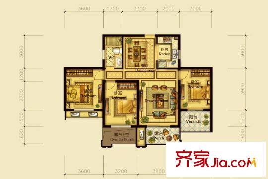 翰林世家B2-2戶型奇數(shù)層 3室2廳1衛(wèi)1廚