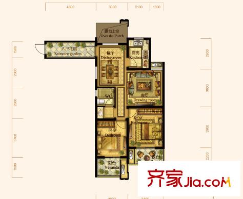 翰林世家高層1號樓D3戶型偶數(shù)層 2室2廳1衛(wèi)1廚