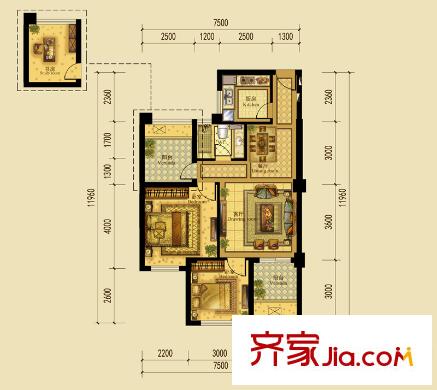 平方米港潤園1 7 8 9# 88平方米A2戶型 2室2廳1衛(wèi)1廚
