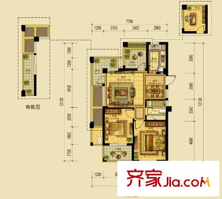 平方米港潤園1 7 8 9#88平方米 A1戶型 2室2廳1衛(wèi)1廚