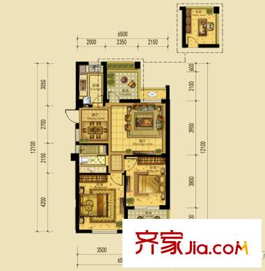 平方米港潤園1# 88平方米A3戶型 2室2廳1衛(wèi)1廚