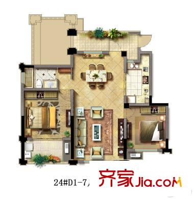 農(nóng)房中央公園D1-7戶型 2室2廳1衛(wèi)1廚
