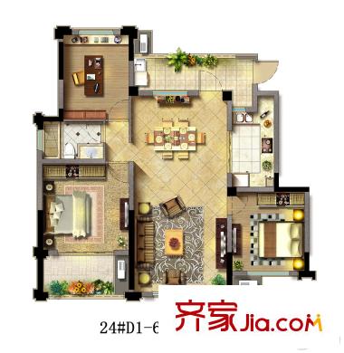 農(nóng)房中央公園D1-6戶型 3室2廳2衛(wèi)1廚