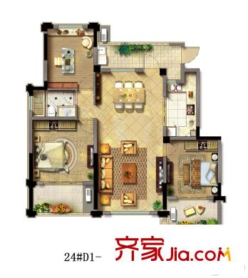 農(nóng)房中央公園D1-5戶型 3室2廳1衛(wèi)1廚