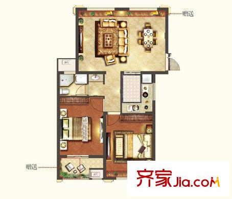 天河理想城高層A2戶型 2室2廳1衛(wèi)1廚