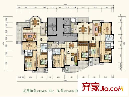 文星花園海棠苑戶型圖R1，R2，R3戶型圖 3室2廳2衛(wèi)