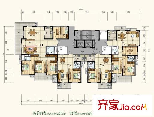 文星花園海棠苑戶型圖T1，T2，T3戶型圖 4室2廳2衛(wèi)