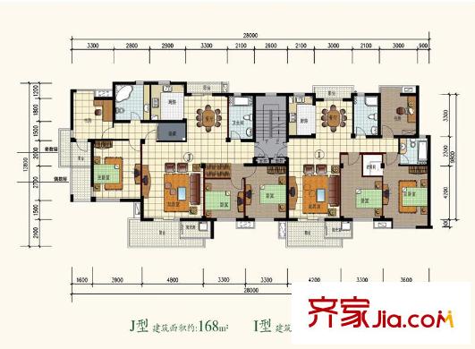 文星花園海棠苑戶型圖J，I戶型圖 4室2廳2衛(wèi)