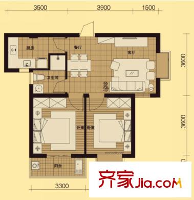 尚元名郡戶型圖二期E戶型 2室1廳1衛(wèi)