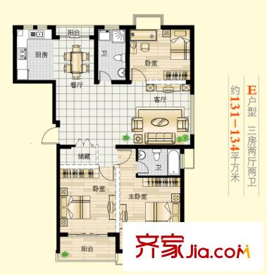 百隆花園戶型圖E戶型 3室2廳2衛(wèi)