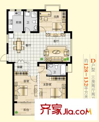 百隆花園戶型圖D戶型 3室2廳2衛(wèi)