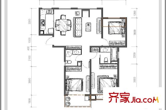 承安?中山壹品D2戶型 3室2廳2衛(wèi)1廚