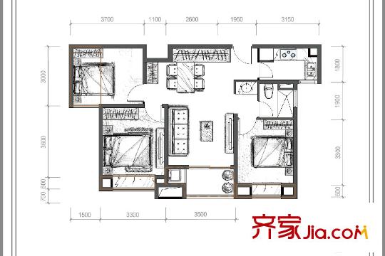 承安?中山壹品D1戶型 3室2廳1衛(wèi)1廚