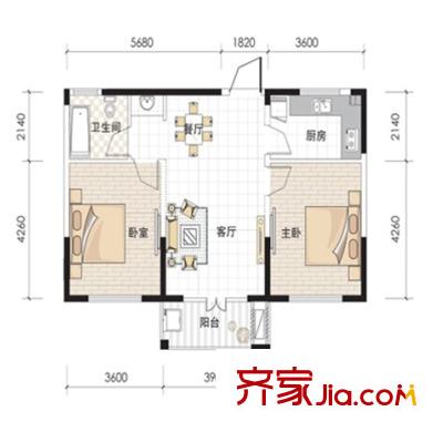 東菱陽光樂園二期8、9、10號樓L戶型 2室2廳1衛(wèi)