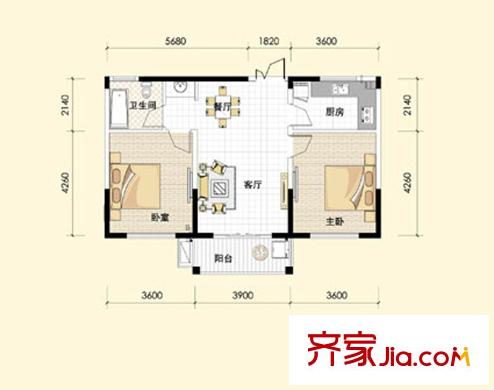 東菱陽光樂園8、9、10號樓H戶型 2室2廳1衛(wèi)