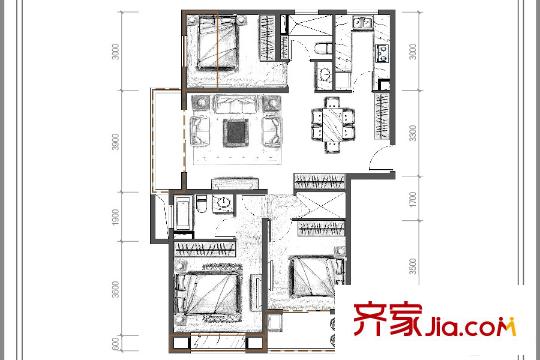 承安?中山壹品D3戶型 3室2廳2衛(wèi)1廚