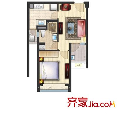 旭輝廣場高層B02戶型 1室1廳1衛(wèi)