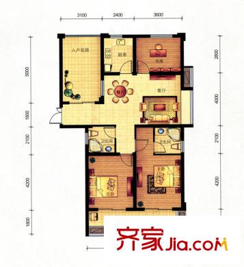 御翠花苑F1戶型 3室2廳2衛(wèi)1廚