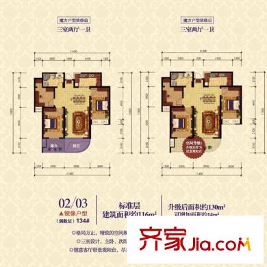 東方普羅旺斯134#偶數(shù)層02/03戶型116平方米 3室2廳1衛(wèi)1廚