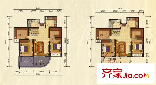 東方普羅旺斯139#樓B型中間套奇數(shù)層戶型圖 3室2廳1衛(wèi)1廚