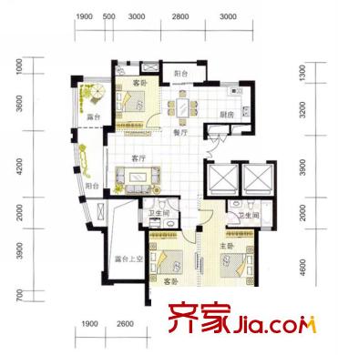 皇馬公寓N2戶型 3室2廳2衛(wèi)