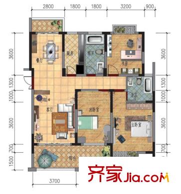 恒創(chuàng)金色恬園小高層9號(hào)樓邊套E戶(hù)型 3室2廳2衛(wèi)