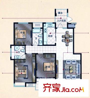 國際中港城紫軒公寓C戶型 3室2廳2衛(wèi)
