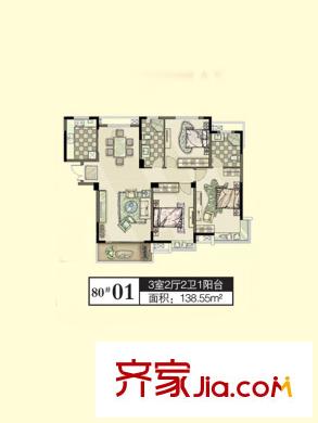 元一柏莊新界80#01戶型圖 3室2廳2衛(wèi)