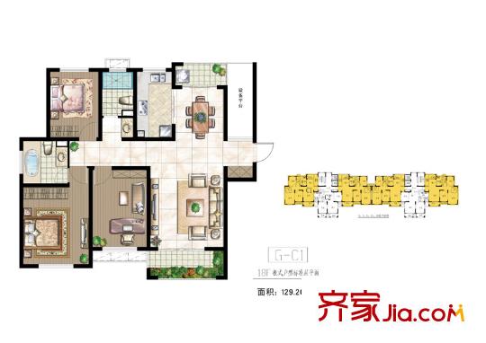 世茂新城卡門印象高層G-C1戶型圖 3室2廳2衛(wèi)1廚