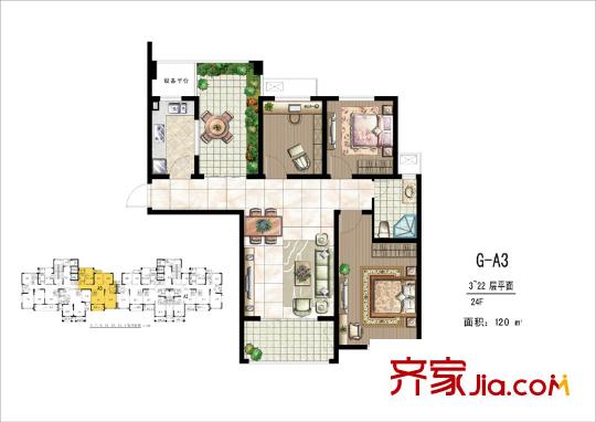 世茂新城卡門印象高層G-A3戶型圖 2室2廳1衛(wèi)1廚