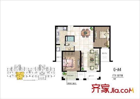 世茂新城卡門印象高層G-A4戶型圖 2室2廳1衛(wèi)1廚