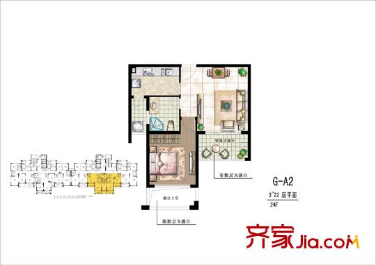 世茂新城卡門印象高層G-A2戶型圖 1室2廳1衛(wèi)1廚