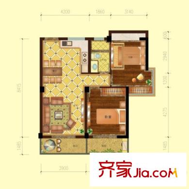 盛大晶座12#13#-B戶型 2室2廳1衛(wèi)1廚