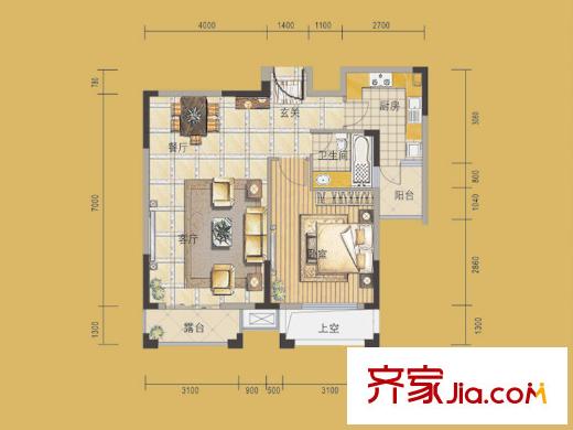 嘉城南都苑G-2-4戶型 1室2廳1衛(wèi)1廚