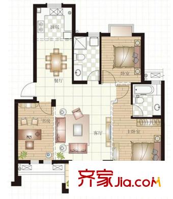 龍盛右岸名邸E戶型 3室2廳2衛(wèi)