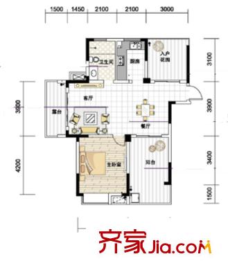 紫園高層8號(hào)樓6單元4-14偶數(shù)層戶型 1室2廳1衛(wèi)