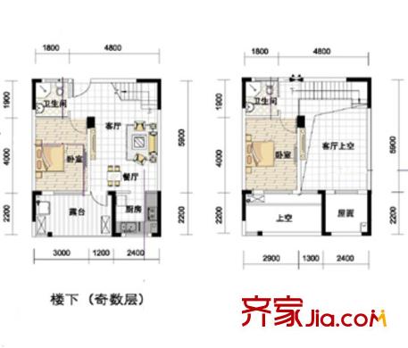 紫園loft4號(hào)樓2、3、6、7單元戶型 2室1廳2衛(wèi)