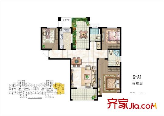 世茂新城卡門印象高層G-A1戶型圖 3室2廳2衛(wèi)1廚