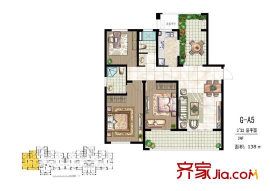 世茂新城卡門印象高層G-A5戶型圖 3室2廳2衛(wèi)1廚