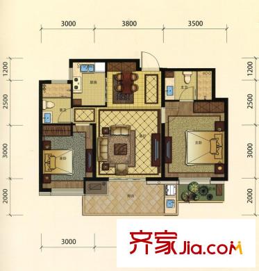 金都夏宮笛園G3-D戶型圖 2室2廳2衛(wèi)1廚