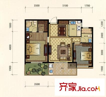 金都夏宮笛園G3-E戶型圖 2室2廳2衛(wèi)1廚