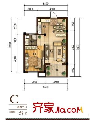 桃源東灣小高層C戶型 1室2廳1衛(wèi)1廚