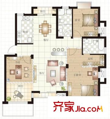 龍盛右岸名邸F戶型 3室2廳2衛(wèi)