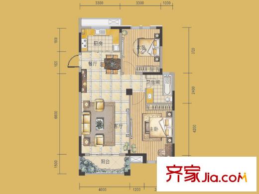 嘉城南都苑G-2-3戶型 2室2廳1衛(wèi)1廚