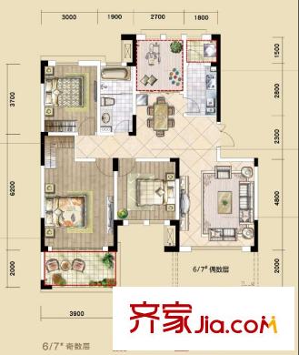富安臻園二期B戶型圖 4室2廳1衛(wèi)